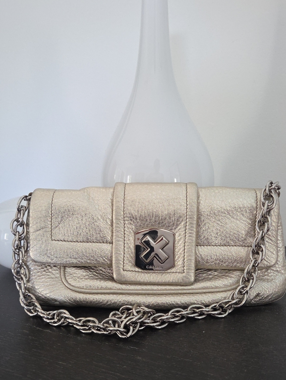 Calvin Klein Metallic Champagne  Leather Shoulder Bag with Chain
